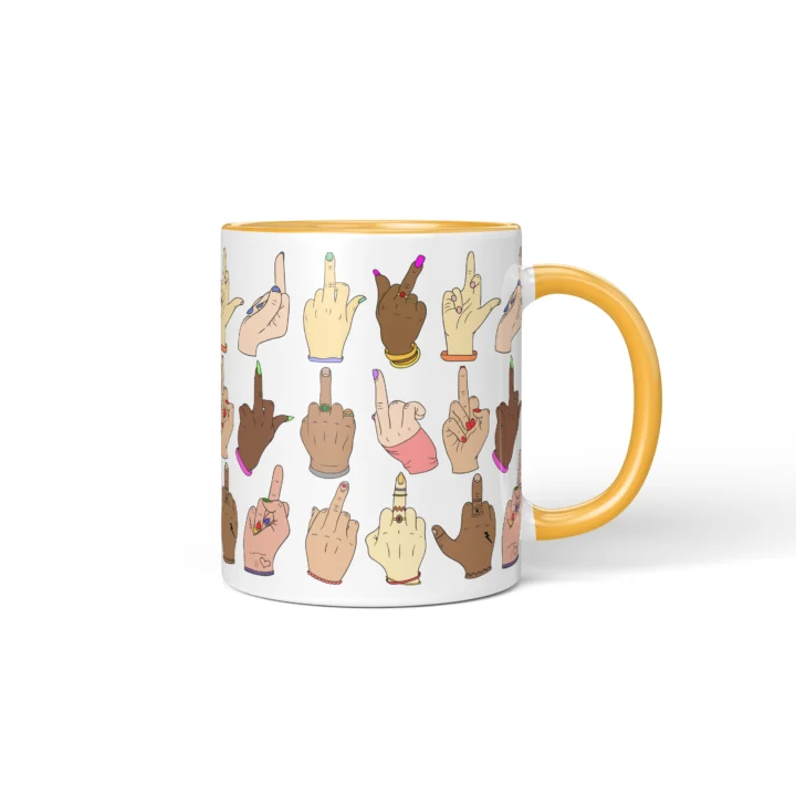 Middle Finger Pattern Mug - Rude Attitude Gift - Golden Yellow mug mockup