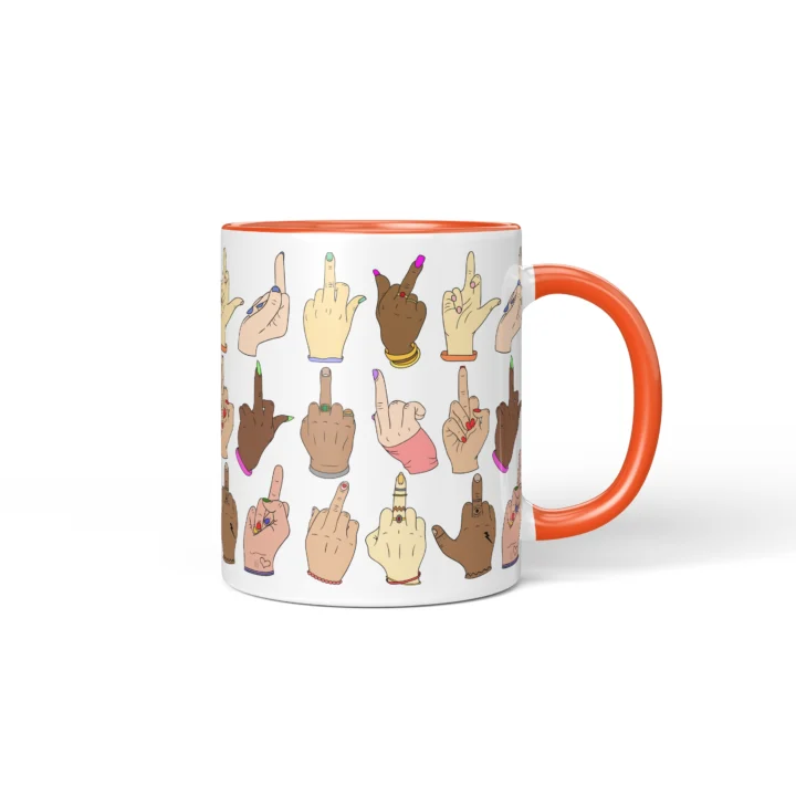 Middle Finger Pattern Mug - Rude Attitude Gift - Orange mug mockup