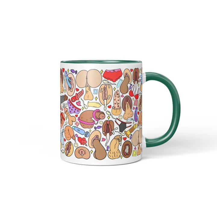 Naughty Icon Pattern Mug - Adults Only Gag Gift - Dark Green mug mockup