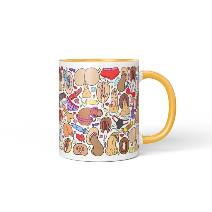 Naughty Icon Pattern Mug - Adults Only Gag Gift - Golden Yellow mug mockup