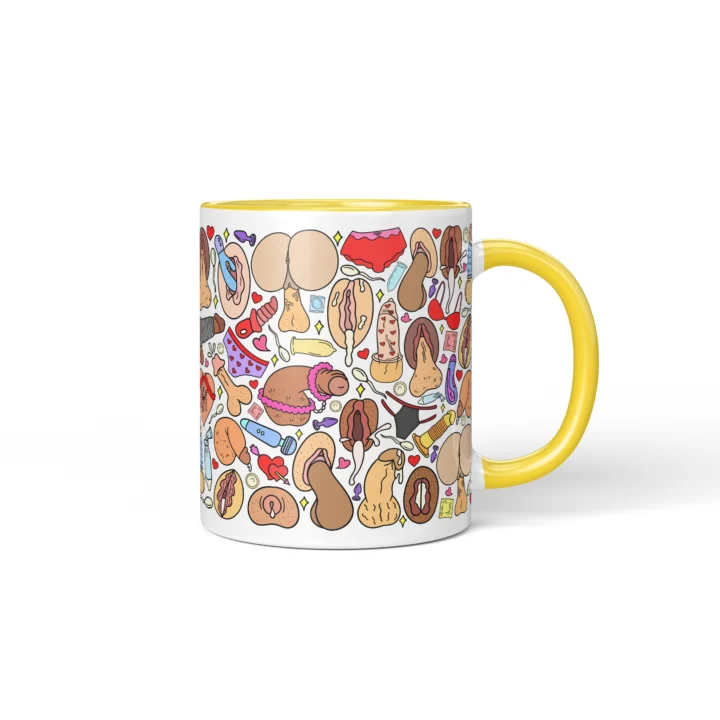 Naughty Icon Pattern Mug - Adults Only Gag Gift - Yellow mug mockup