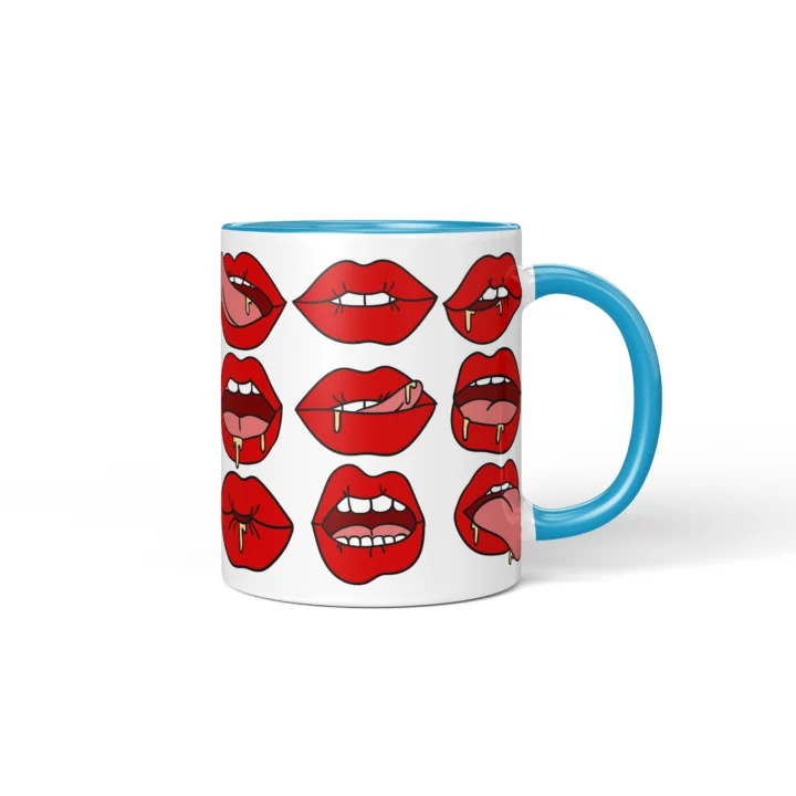 Red Lips Pattern Mug - Flirty Adult Humor Gift - Blue mug mockup