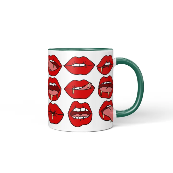 Red Lips Pattern Mug - Flirty Adult Humor Gift - Dark Green mug mockup