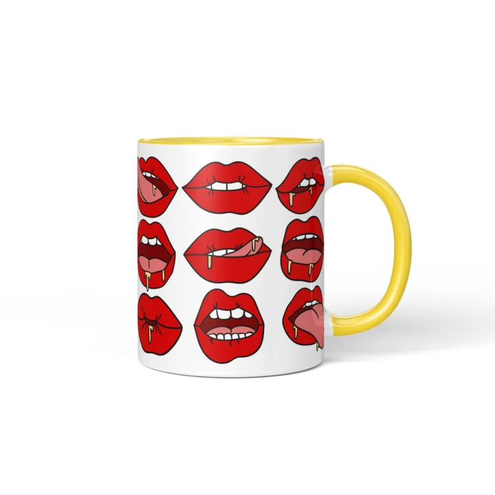 Red Lips Pattern Mug - Flirty Adult Humor Gift - Yellow mug mockup