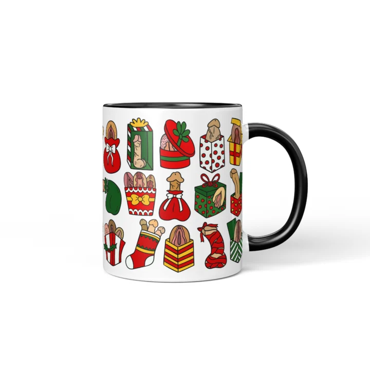 Rude Christmas Adult Humor Mug - Gift Box Anatomy Art - Black mug mockup