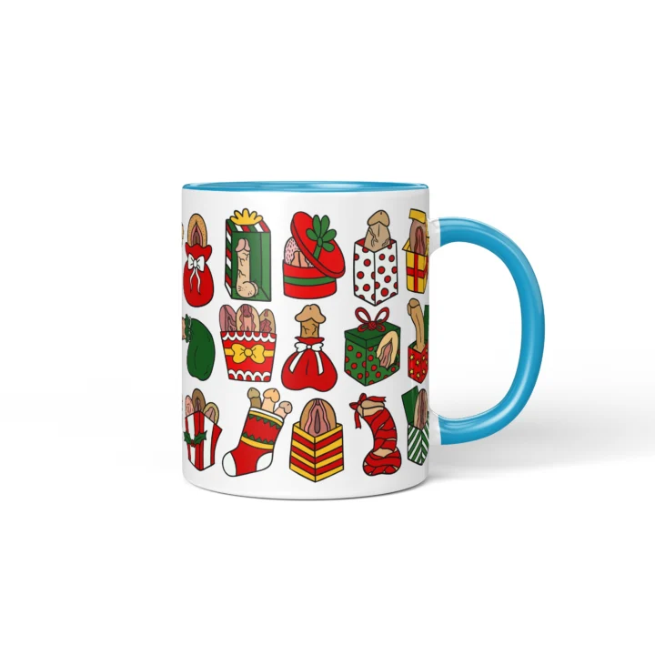 Rude Christmas Adult Humor Mug - Gift Box Anatomy Art - Blue mug mockup