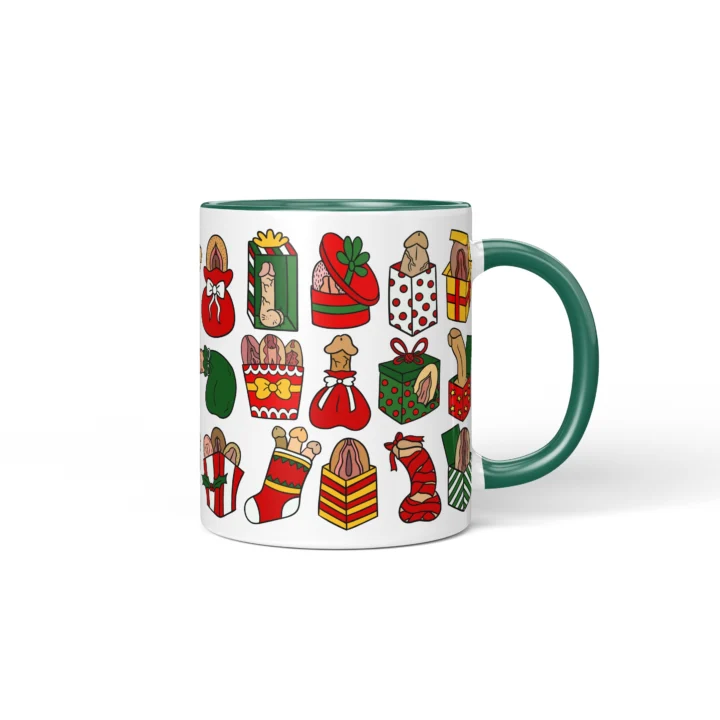 Rude Christmas Adult Humor Mug - Gift Box Anatomy Art - Dark Green mug mockup