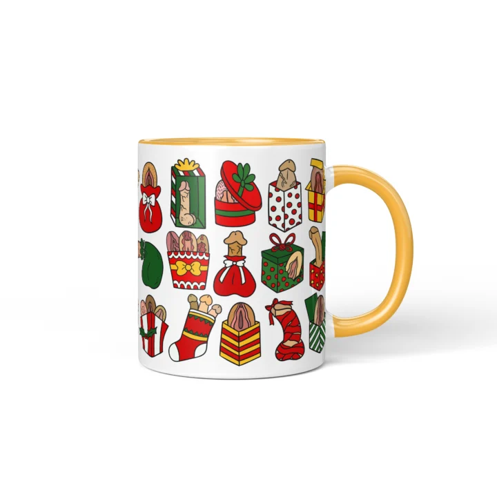Rude Christmas Adult Humor Mug - Gift Box Anatomy Art - Golden Yellow mug mockup