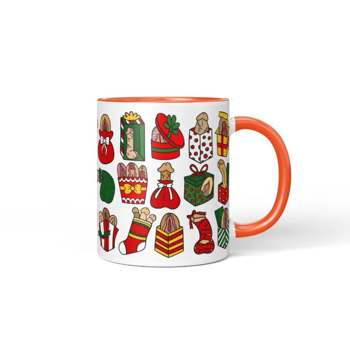 Rude Christmas Adult Humor Mug - Gift Box Anatomy Art - Orange mug mockup