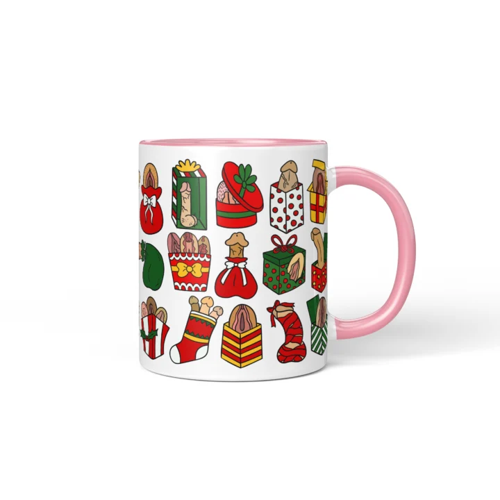 Rude Christmas Adult Humor Mug - Gift Box Anatomy Art - Pink mug mockup