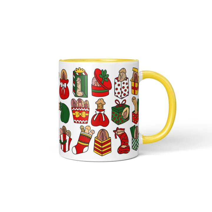 Rude Christmas Adult Humor Mug - Gift Box Anatomy Art - Yellow mug mockup