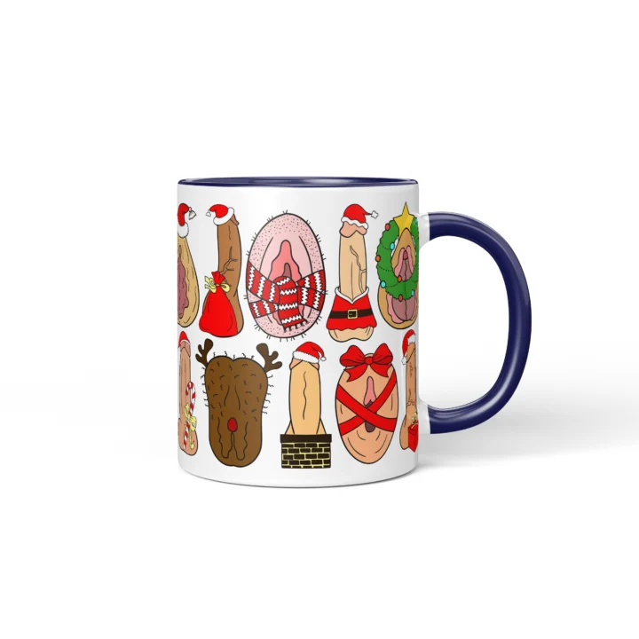 Secret Santa Adult Humor Mug - Naughty Christmas Icons - Dark Blue mug mockup