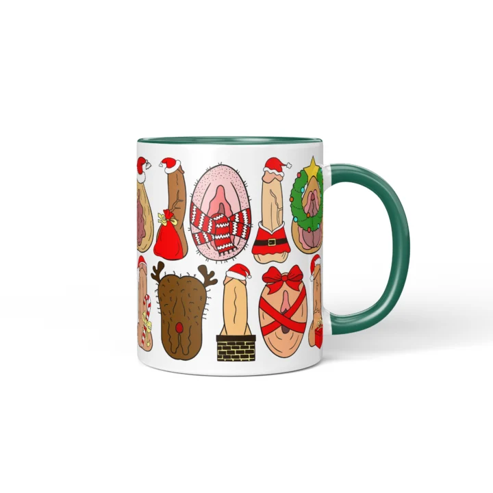 Secret Santa Adult Humor Mug - Naughty Christmas Icons - Dark Green mug mockup