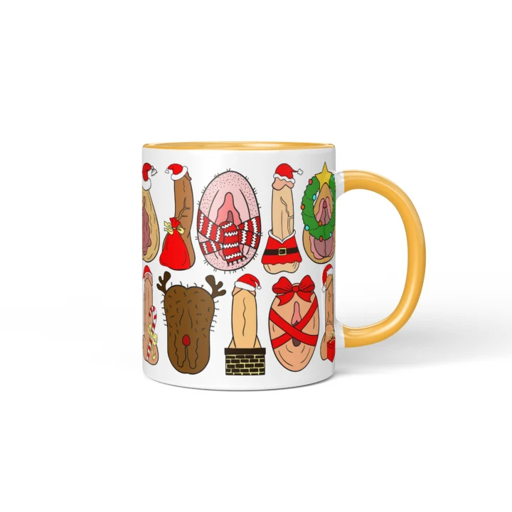 Secret Santa Adult Humor Mug - Naughty Christmas Icons - Golden Yellow mug mockup