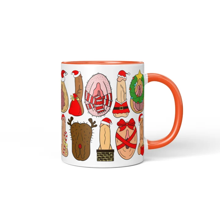 Secret Santa Adult Humor Mug - Naughty Christmas Icons - Orange mug mockup
