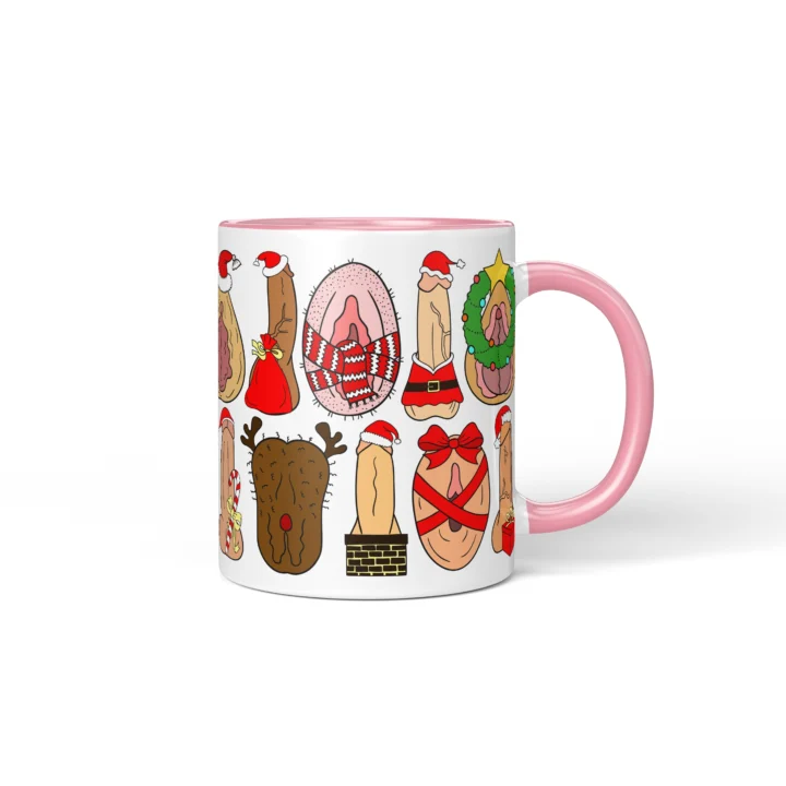 Secret Santa Adult Humor Mug - Naughty Christmas Icons - Pink mug mockup