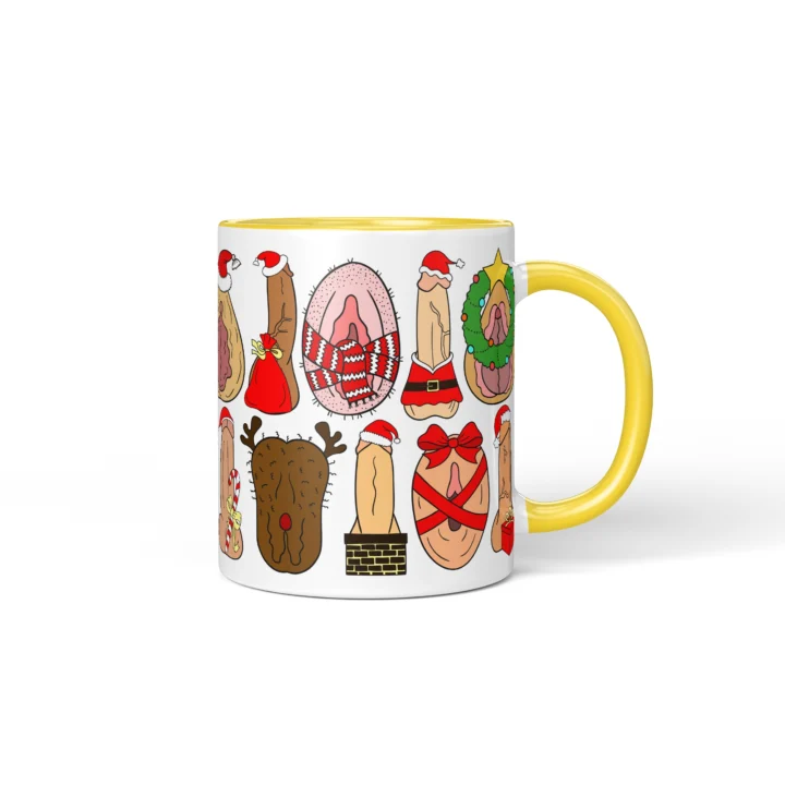 Secret Santa Adult Humor Mug - Naughty Christmas Icons - Yellow mug mockup