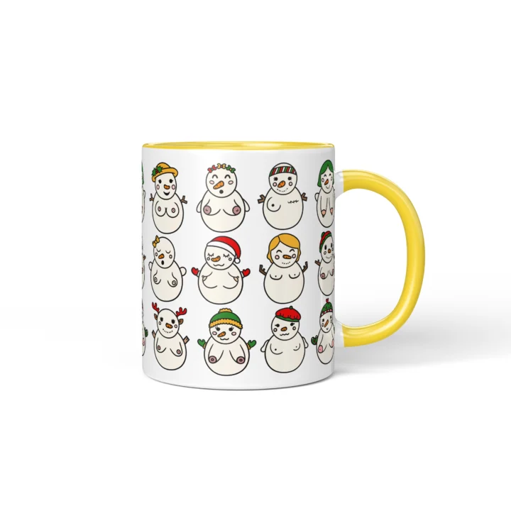 Snowwomen Boobs Mug - Funny Secret Santa Gift - Yellow mug mockup