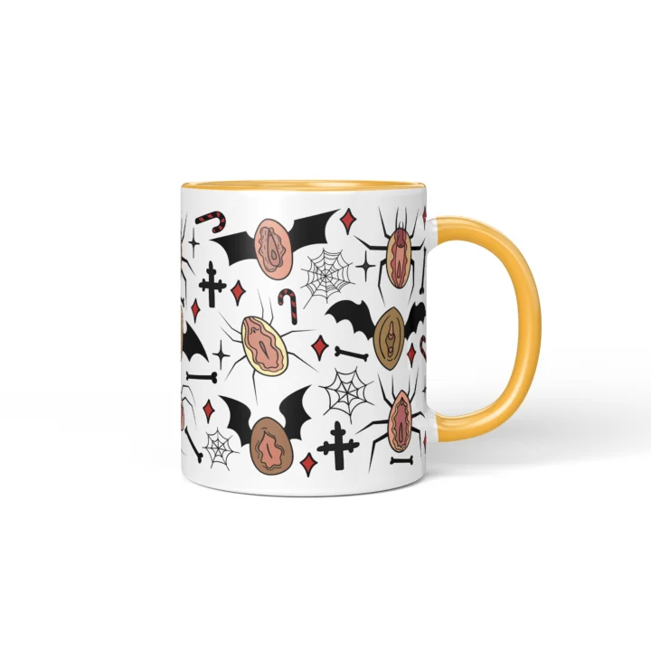Spiderweb Vagina Mug - Gothic Halloween Gift - Golden Yellow mug mockup