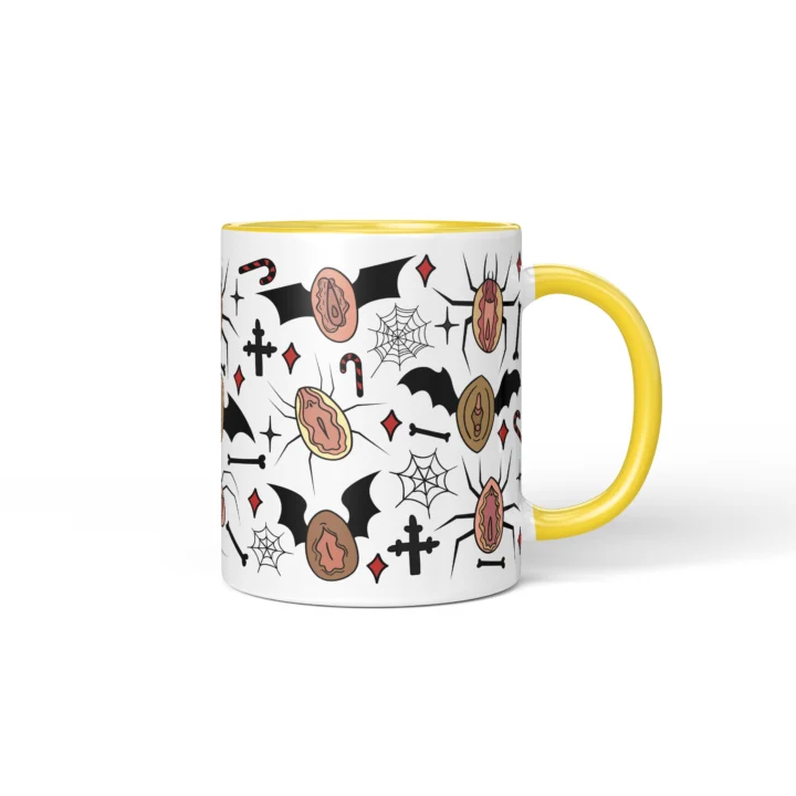 Spiderweb Vagina Mug - Gothic Halloween Gift - Yellow mug mockup