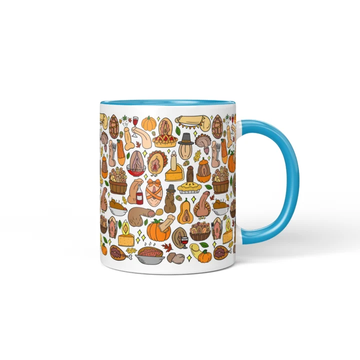 Thanksgiving Adult Humor Mug - Rude Friendsgiving Gift - Blue mug mockup