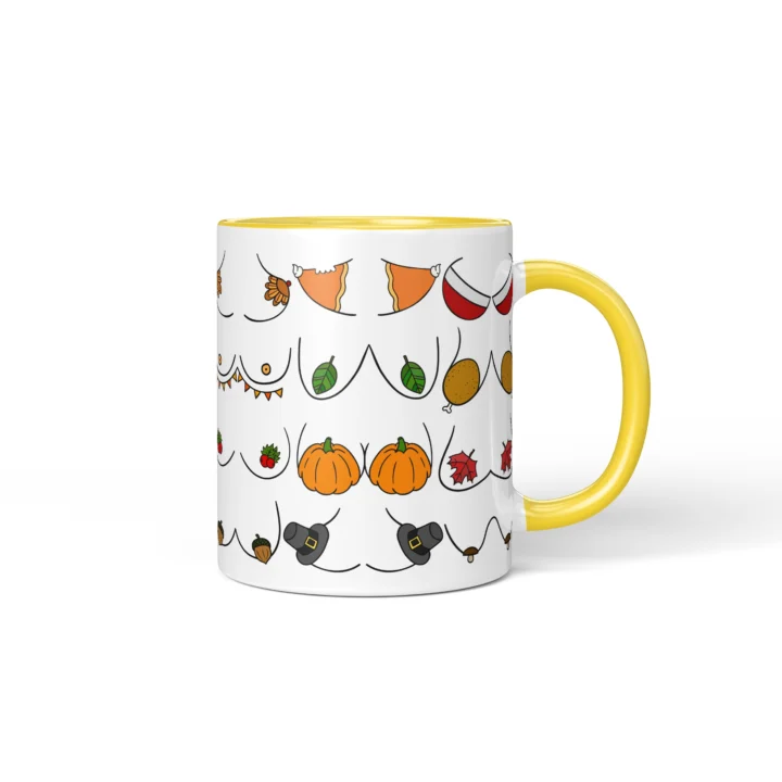 Thanksgiving Boobs Mug - Rude Friendsgiving Gift - Yellow mug mockup