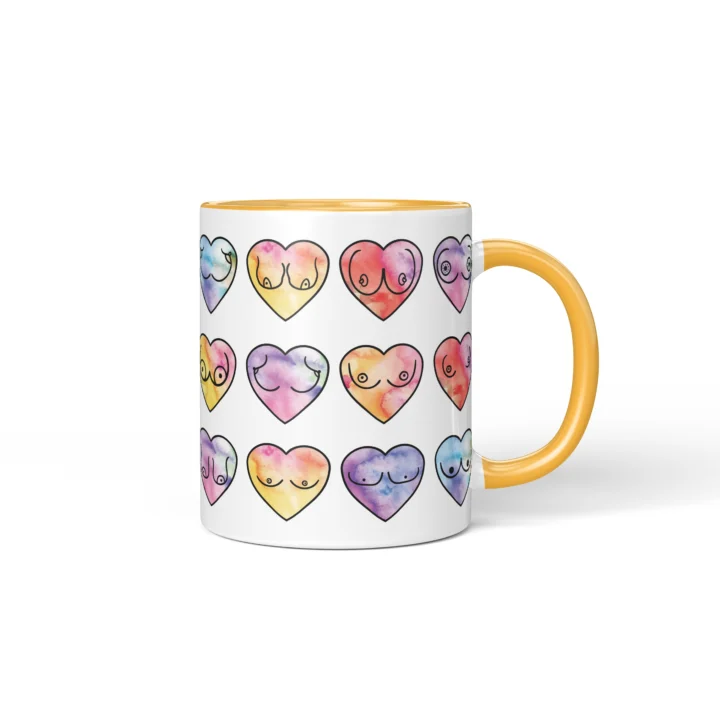Watercolor Heart Boobs Mug - Body Positive Gift - Golden Yellow mug mockup