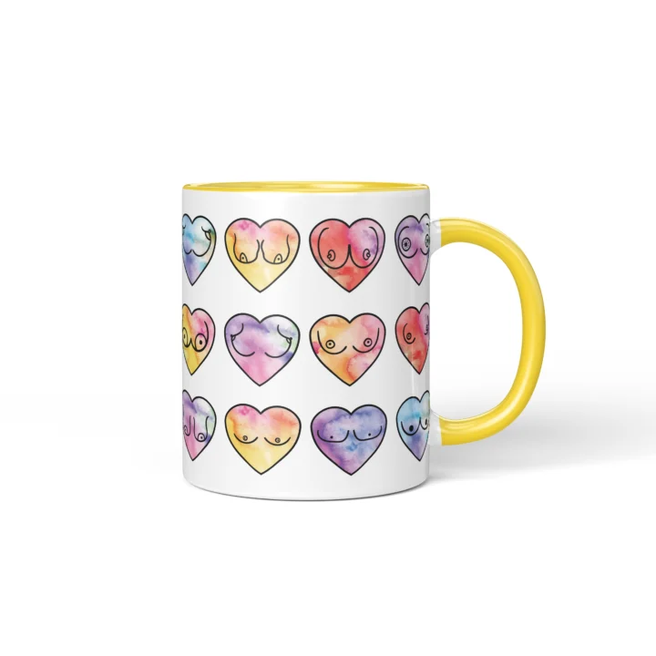 Watercolor Heart Boobs Mug - Body Positive Gift - Yellow mug mockup