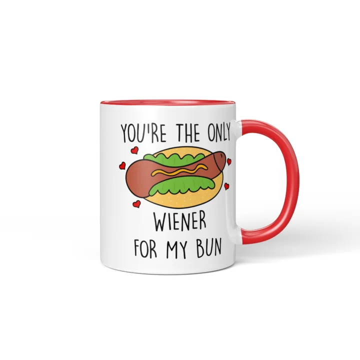 Wiener Bun Penis Mug - Cheeky Couple Food Pun Gift - Red mug mockup