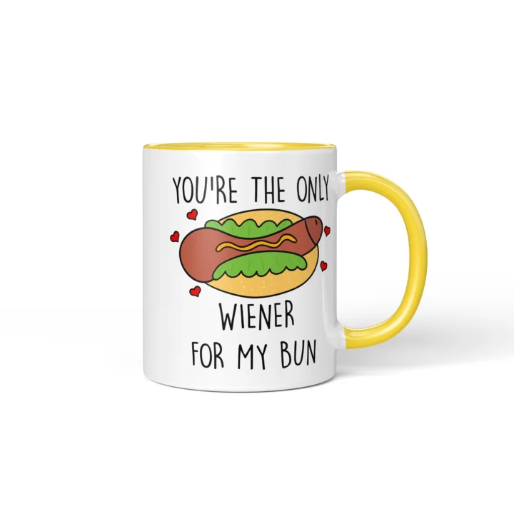 Wiener Bun Penis Mug - Cheeky Couple Food Pun Gift - Yellow mug mockup