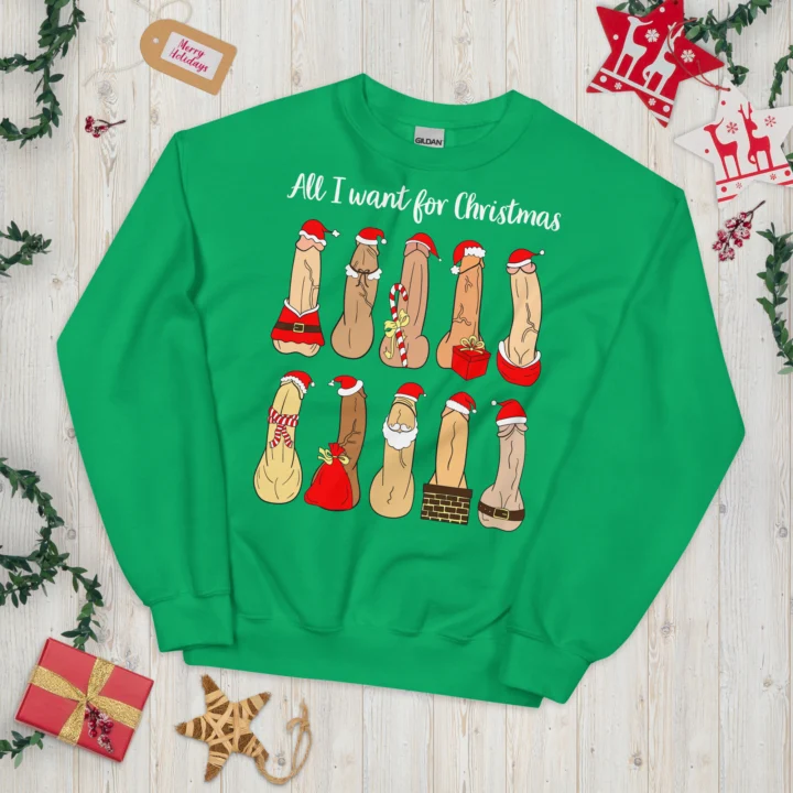 Irish Green crewneck sweatshirt laid flat with ten festive penis illustrations and sample 'All I want for Christmas' text.
