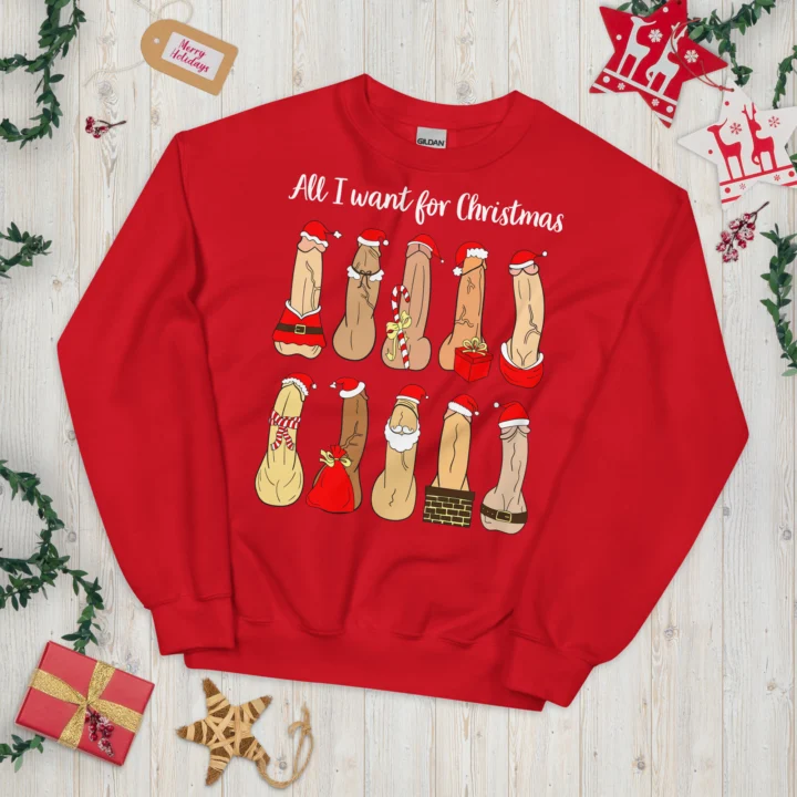 Red crewneck sweatshirt laid flat with ten festive penis illustrations and sample 'All I want for Christmas' text.