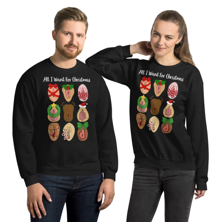 Two people wearing black crewneck sweatshirts with festive vulva illustrations and sample 'All I Want For Christmas' text.